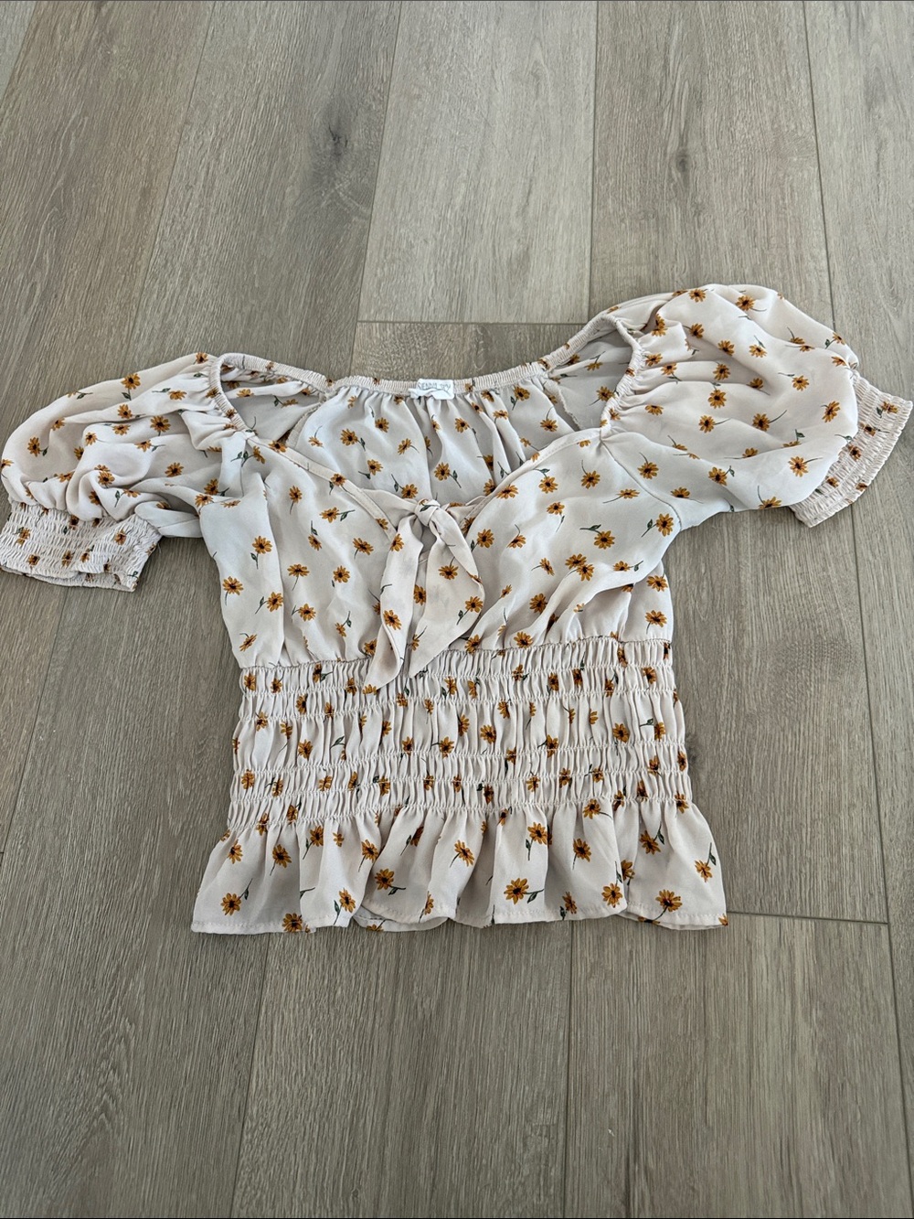 Pleated Smocked Floral Off-Shoulder Top - Cream with Mustard Daisies